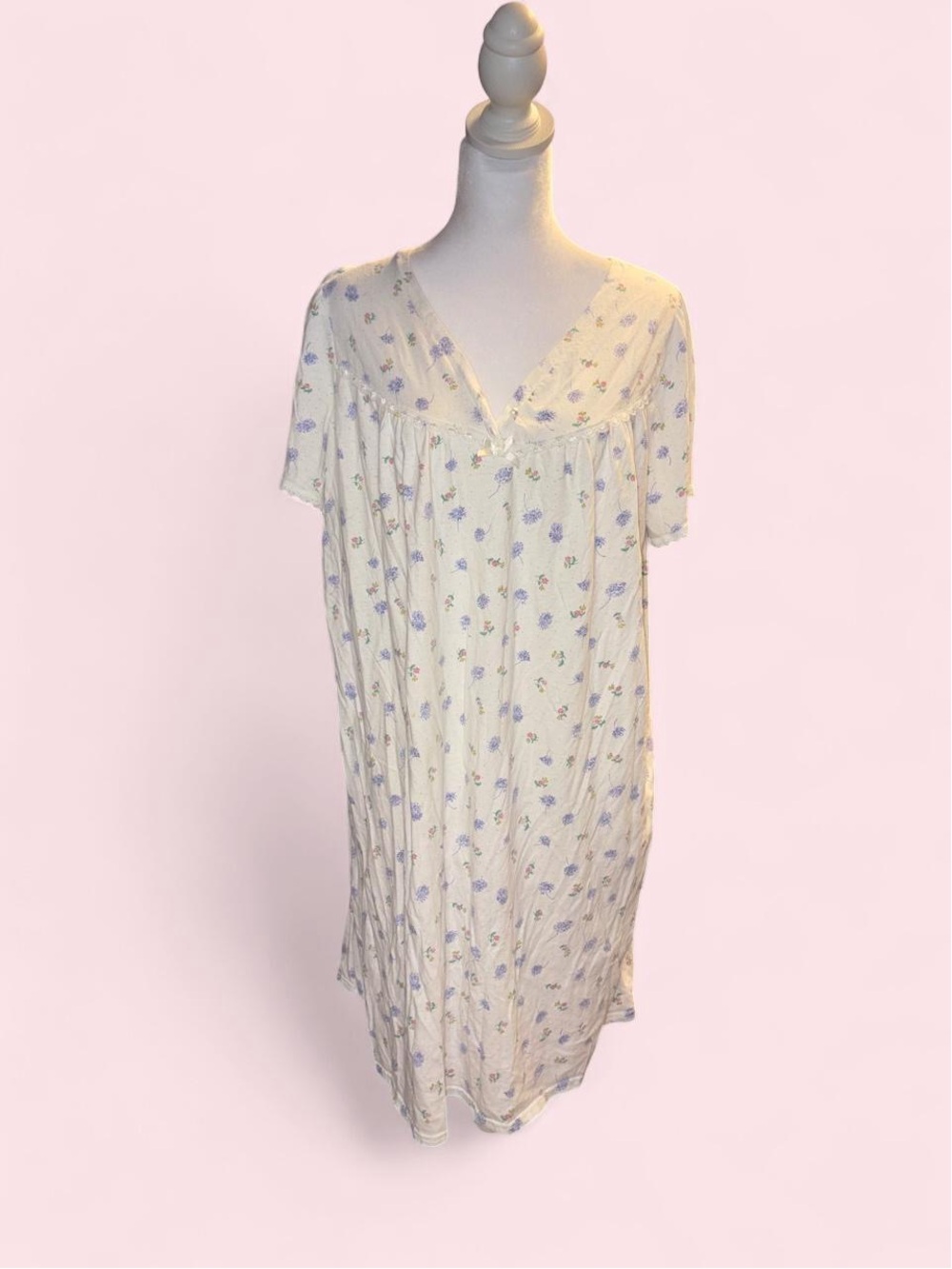 Women's Cream Floral Nightgown - Soft Short Sleeve Sleep Dress